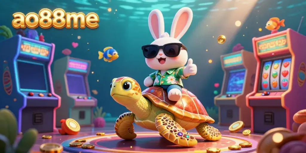 Experience the excitement with ao88me as the lucky rabbit and golden turtle ride through a lively casino world.