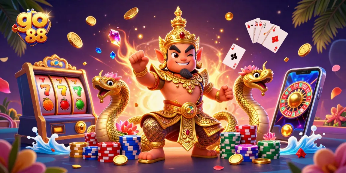 Engage in the thrill of go 88 with a vibrant 3D cartoon casino scene featuring lucky slot machines and golden chips.
