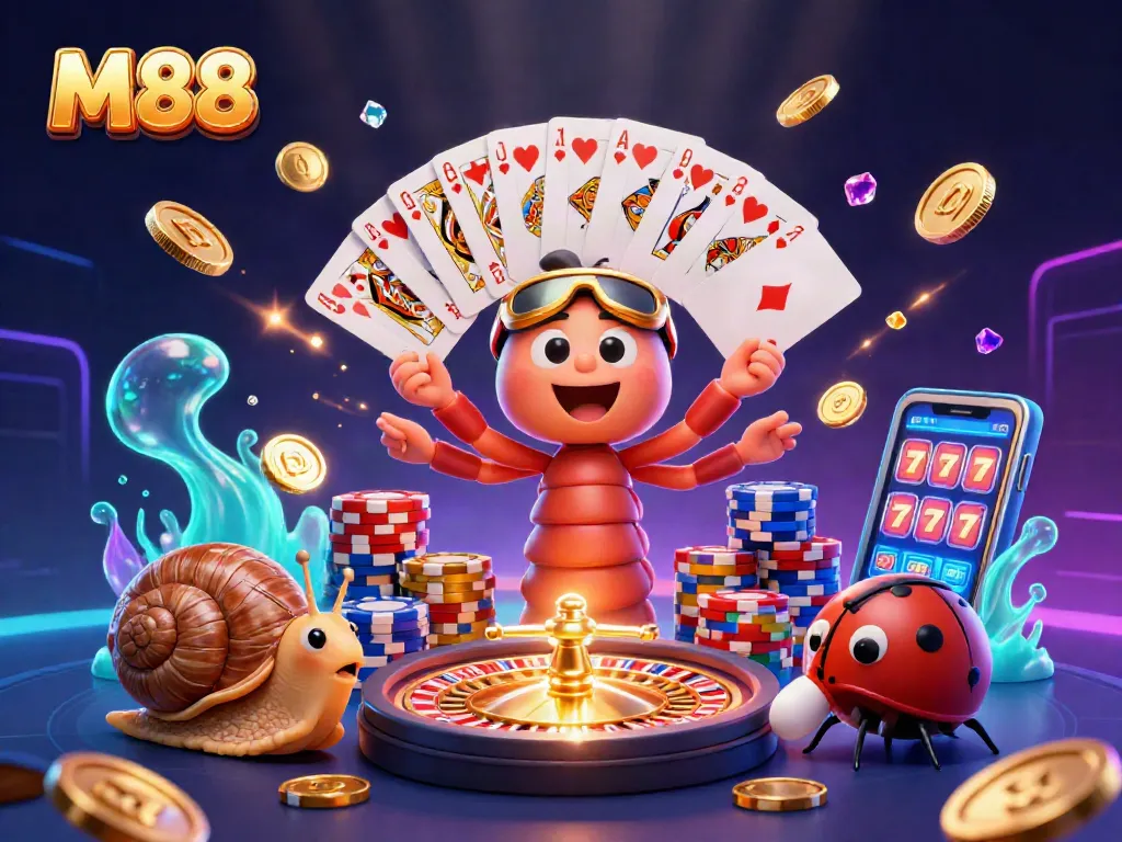 M88 casino scene with a dynamic cartoon dealer and colorful gaming elements for thrill-seeking gamblers.