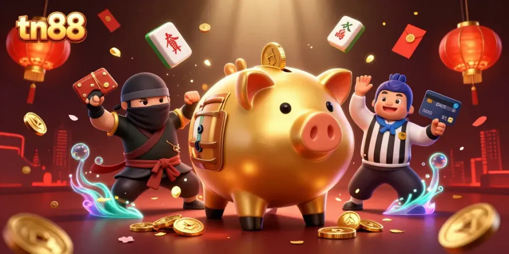 Engage with tn88 through a dynamic battle scene featuring a golden piggy bank sumo wrestler amidst colorful casino elements.