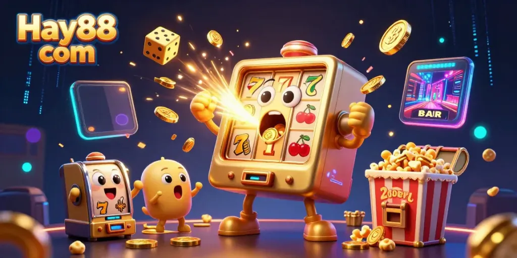 Engage with Hay88 com's vibrant gaming scene featuring a golden slot machine celebrating its jackpot.