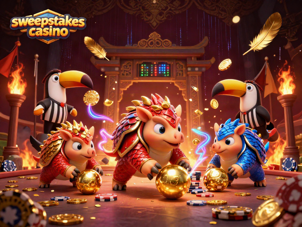 Sweepstakes casino scene with rival pangolins bowling poker chips amidst gold coins and festive elements.