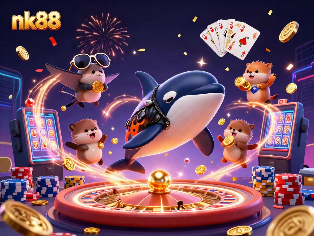 Experience thrilling gameplay and excitement at NK88 with animated characters and vibrant casino elements.