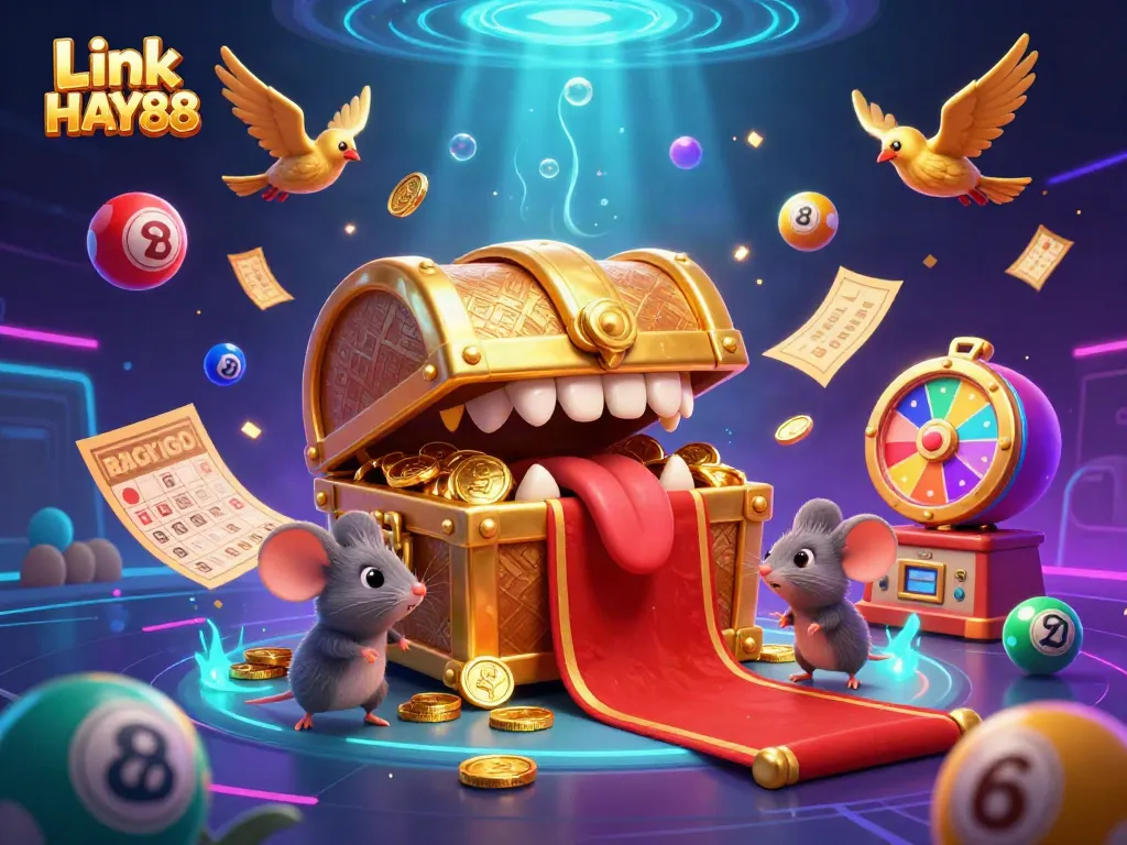 Experience the thrill of gaming with Link HAY88 featuring a dynamic scene of a treasure chest and lottery elements.