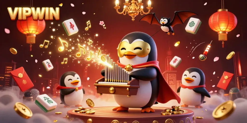 Experience VIPWIN casino thrills with our vibrant 3D illustration featuring a penguin and golden treasures.