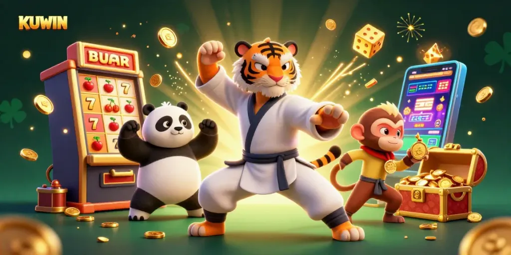 Engage with KUWIN's thrilling games in a vibrant 3D casino illustration featuring dynamic characters and jackpot excitement.