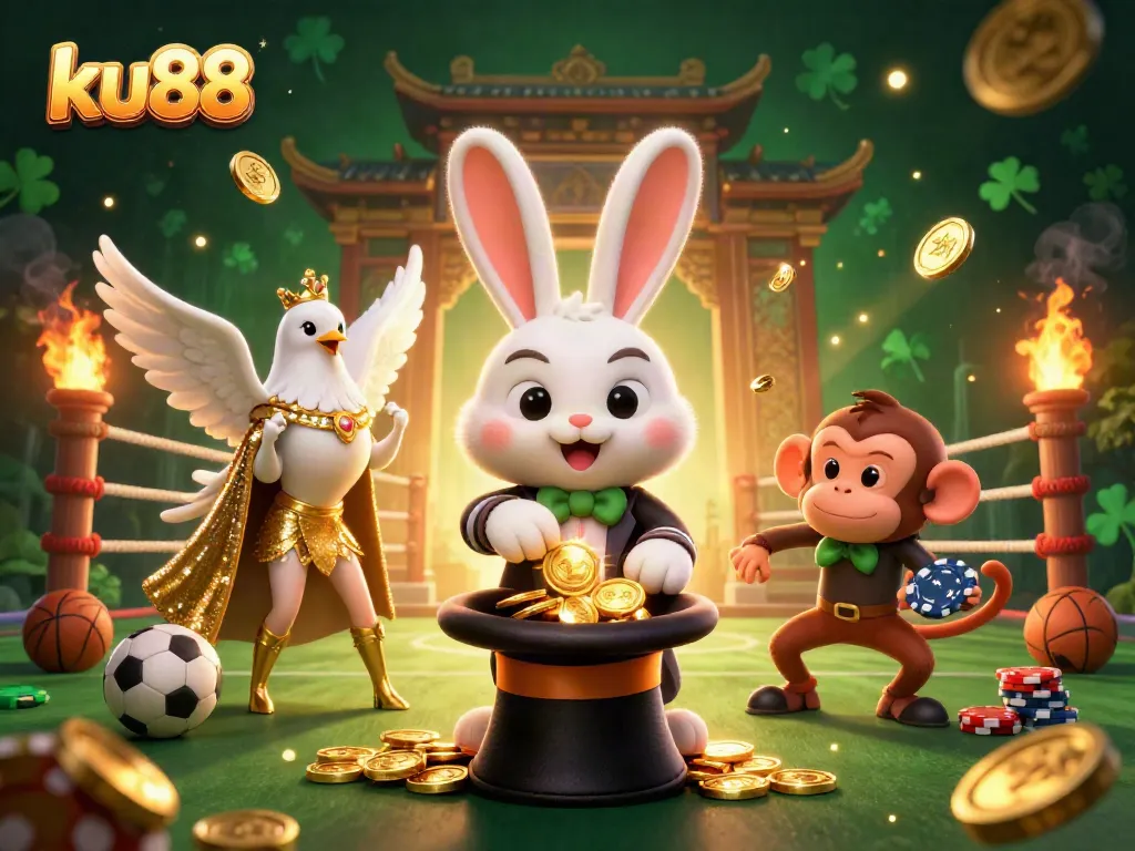 Bet on ku88 with a lively 3D scene featuring a magician rabbit, dove, and monkey in a dynamic casino atmosphere.