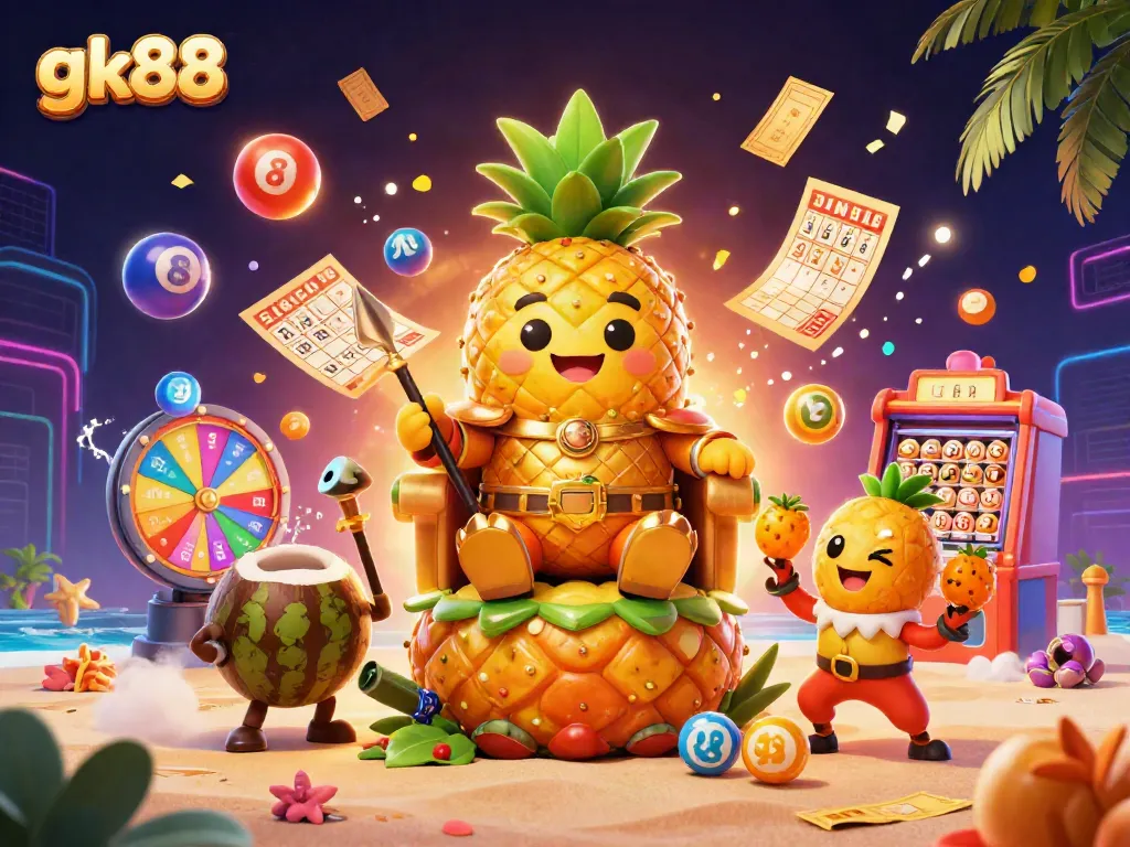 Experience the vibrant energy of gk88's beach casino with dynamic lottery elements and playful characters.