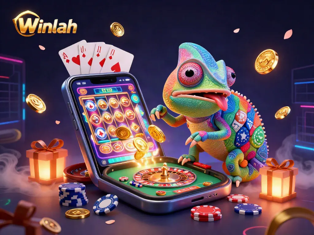 Winlah offers dynamic casino excitement featuring a colorful chameleon owner amidst vibrant slot games, roulette, and poker.