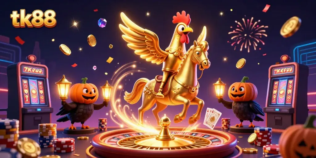 Experience the thrilling tk88 casino adventure with golden rooster characters amidst falling coins and vibrant energy.