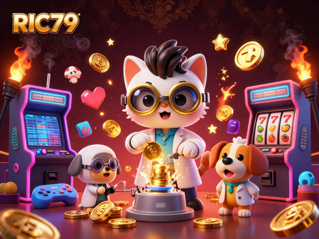 Experience RIC79 with a vibrant 3D casino scene featuring a mad scientist cat creating gold coins.
