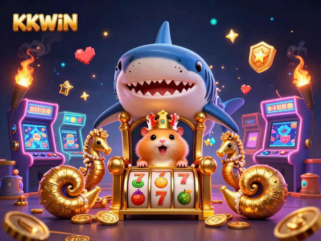 Engage with KKWIN's thrilling slots scene featuring a golden hamster king and vibrant arcade elements.