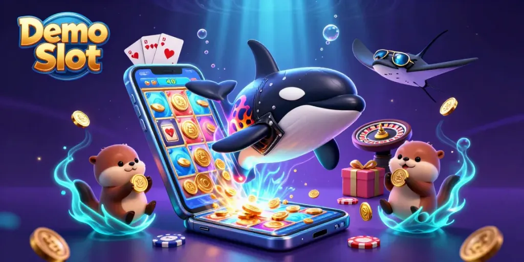 Experience demo slots with exciting characters and vibrant casino elements in this engaging illustration.