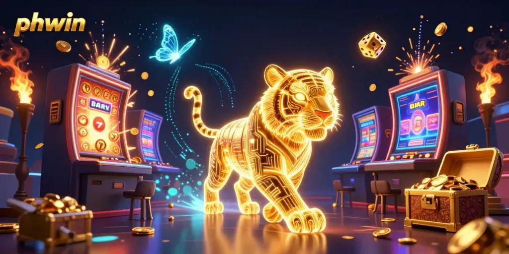 Experience thrilling adventures with the phwin online casino featuring an energetic golden tiger in a vibrant digital landscape.
