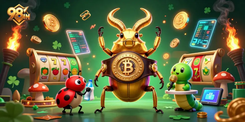 Bet on excitement with 98WIN's vibrant casino scene featuring a boxing beetle and lucky elements.