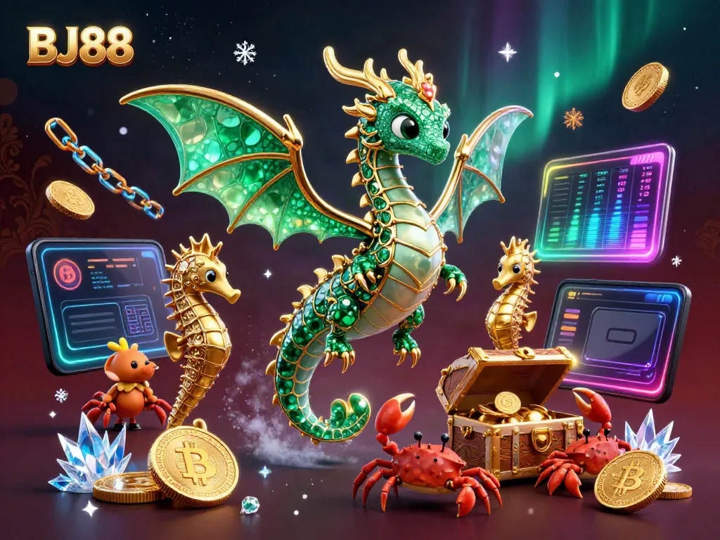 Experience the excitement of BJ88 with vibrant 3D characters and crypto elements in a dazzling casino scene.