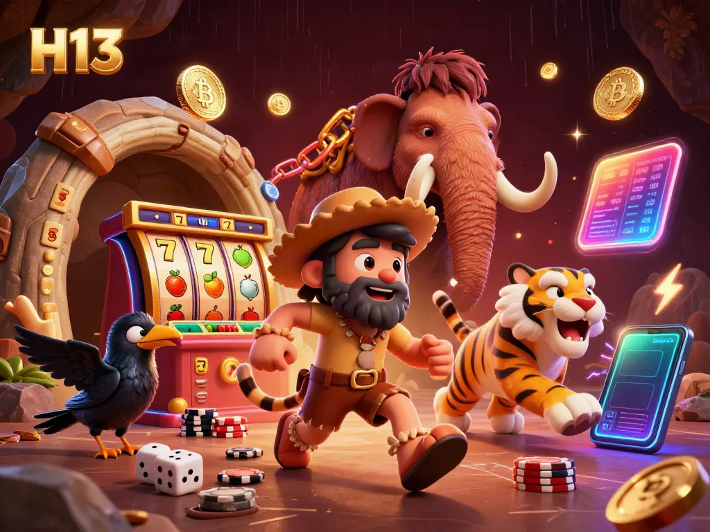 Experience exciting gameplay at H13 with our vibrant prehistoric casino scene filled with slots and crypto elements.