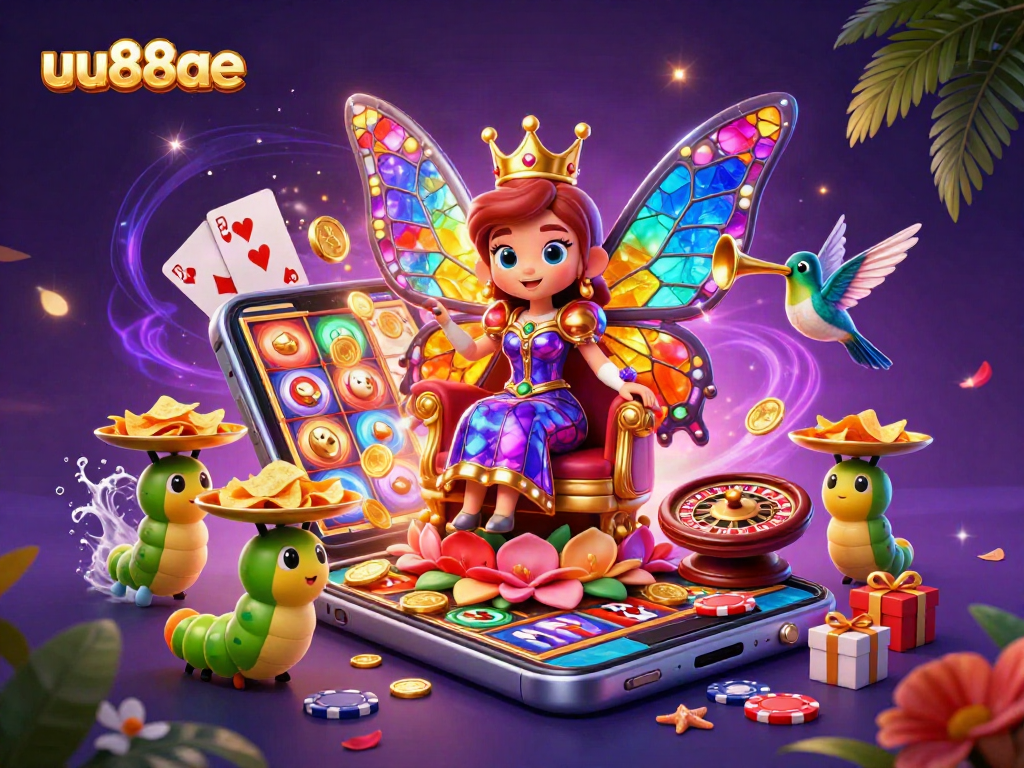Experience the vibrant world of uu88ae with a lively casino scene featuring a butterfly queen and gaming elements.