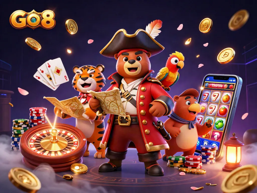Spin to win with GO 8 slot reels, cascading coins, and vibrant casino characters.
