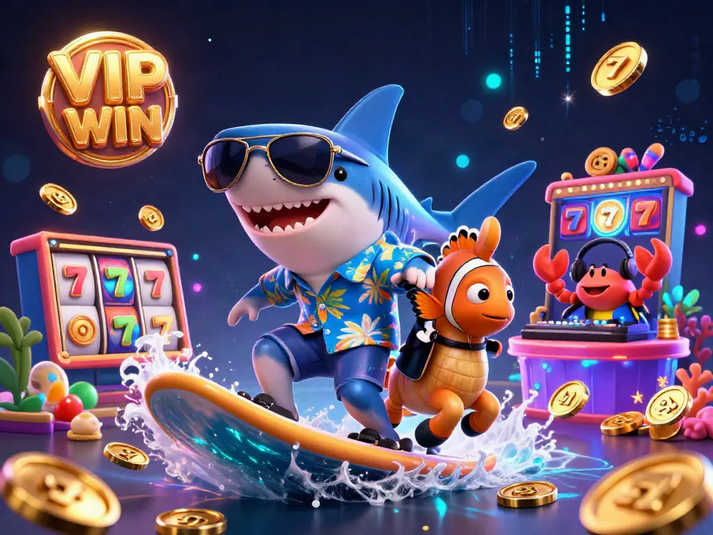 Engage in thrilling slots at VIP WIN with a vibrant underwater casino illustration featuring a shark and friends.