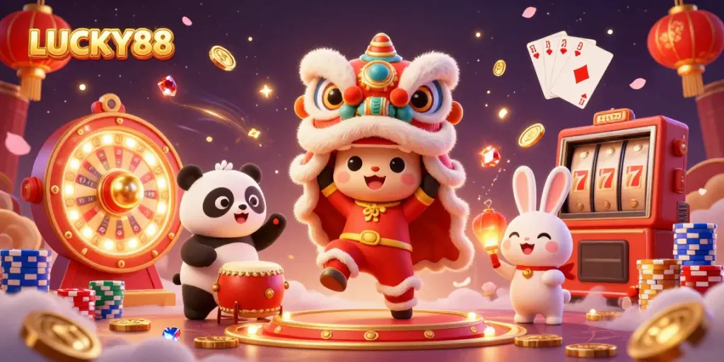 Engage with LUCKY88 as it features a festive illustration of a lion dance with charming characters, showcasing immersive casino elements.