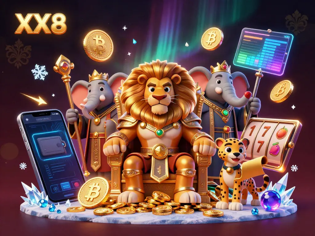 Experience the thrill of XX8 with a lively casino scene featuring animated characters and slot elements.