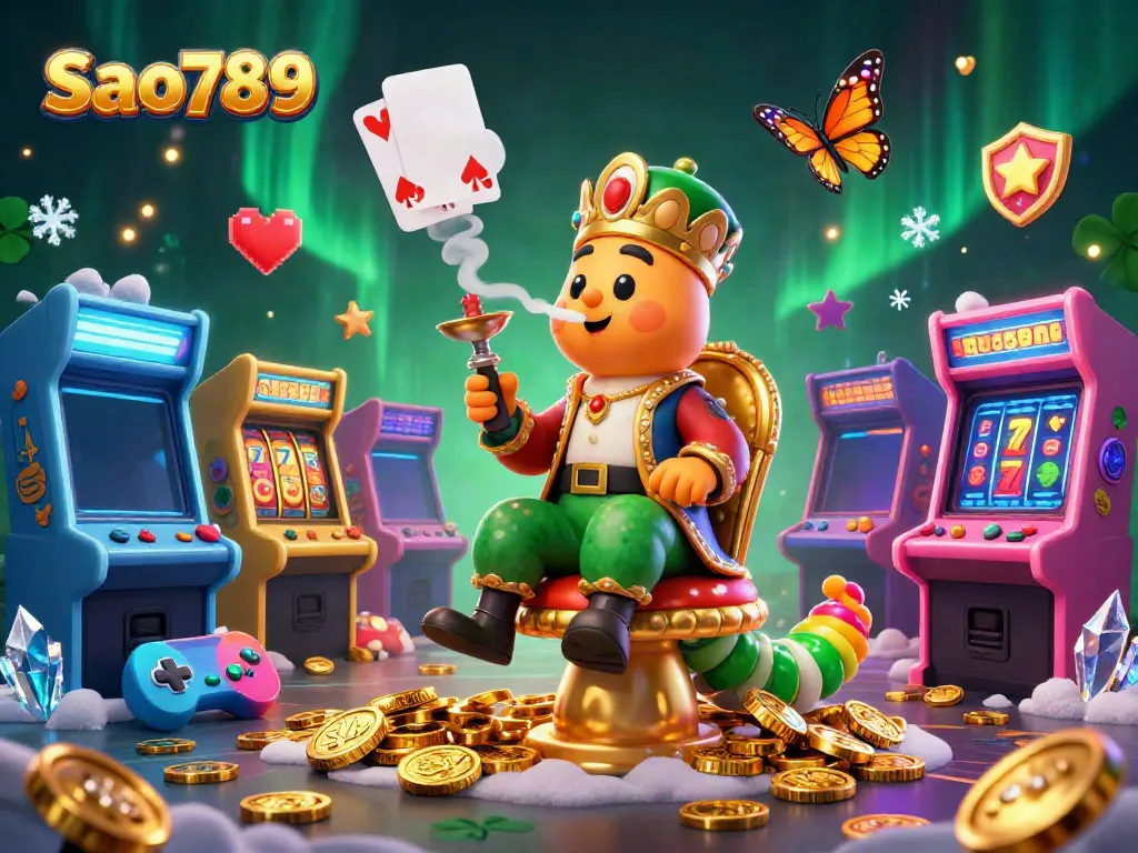 Sao789 brings vibrant casino excitement with a captivating 3D illustration of gaming elements and characters.