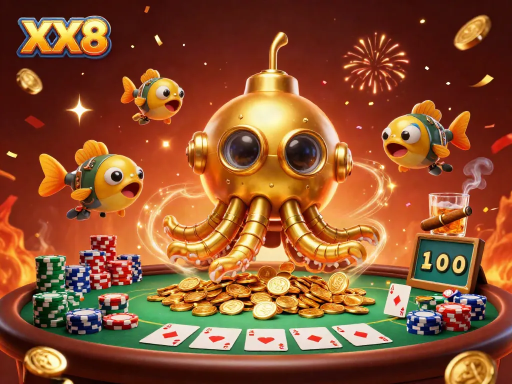 Experience thrilling gameplay with XX8's golden kraken submarine surfacing through casino treasures