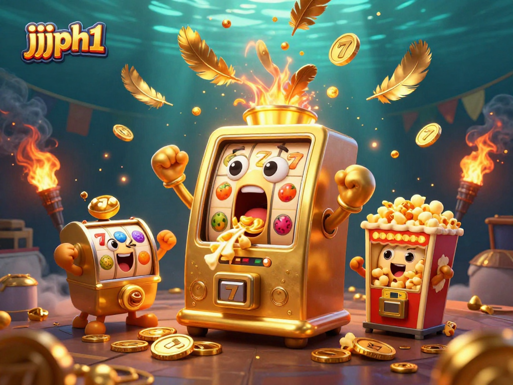 Ang jjjph1 na slot machine ay nagwawagi ng jackpot habang nagtatapon ito ng mga gintong barya.