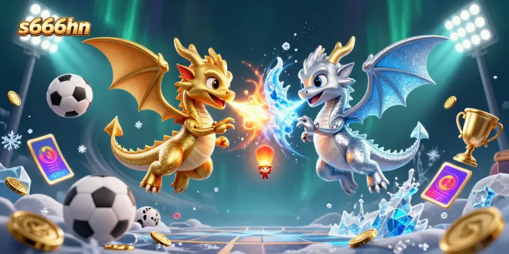 Witness exciting gameplay at s666hn with fiery and icy dragons amidst dynamic sports elements.