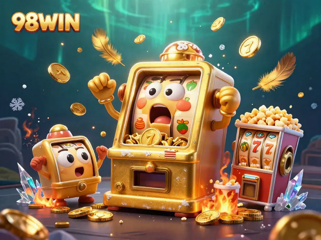 Experience jackpot excitement with the 98WIN slot machine, coins flying dynamically.