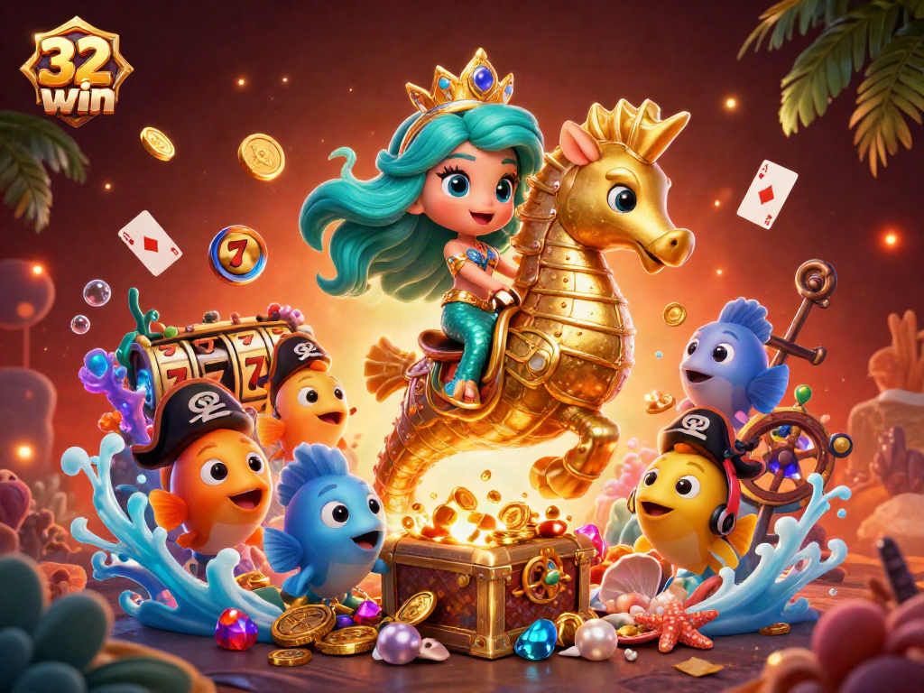Engage with 32win in a captivating undersea casino adventure featuring a mermaid princess and treasure.