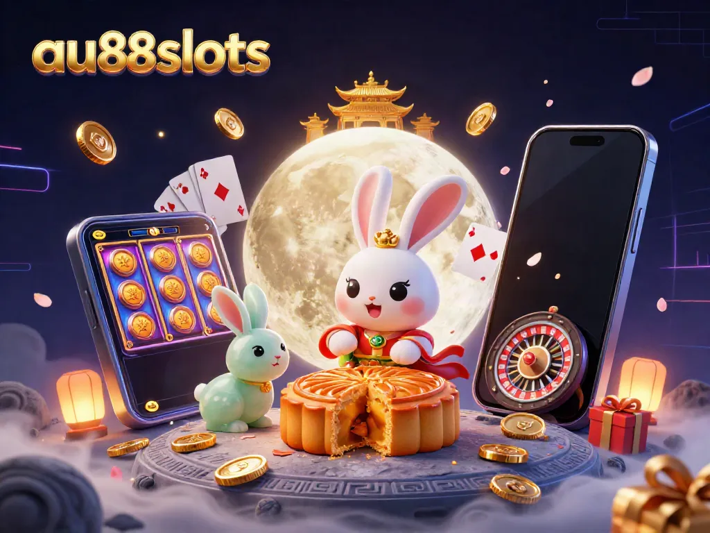 Experience the thrill of gambling with au88slots, featuring a whimsical moon rabbit scene amidst captivating slot game elements.