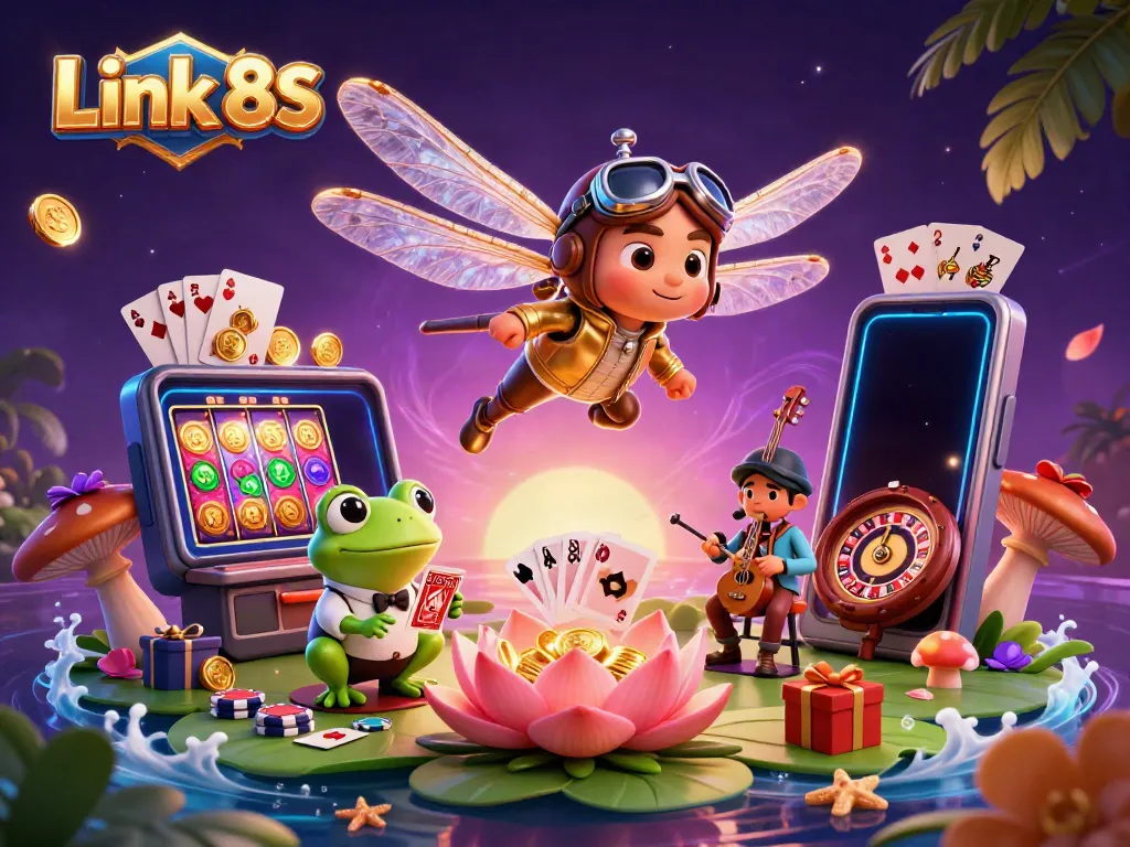 Experience the excitement of Link 8S with a dragonfly pilot and frog croupier in a vibrant casino setting.