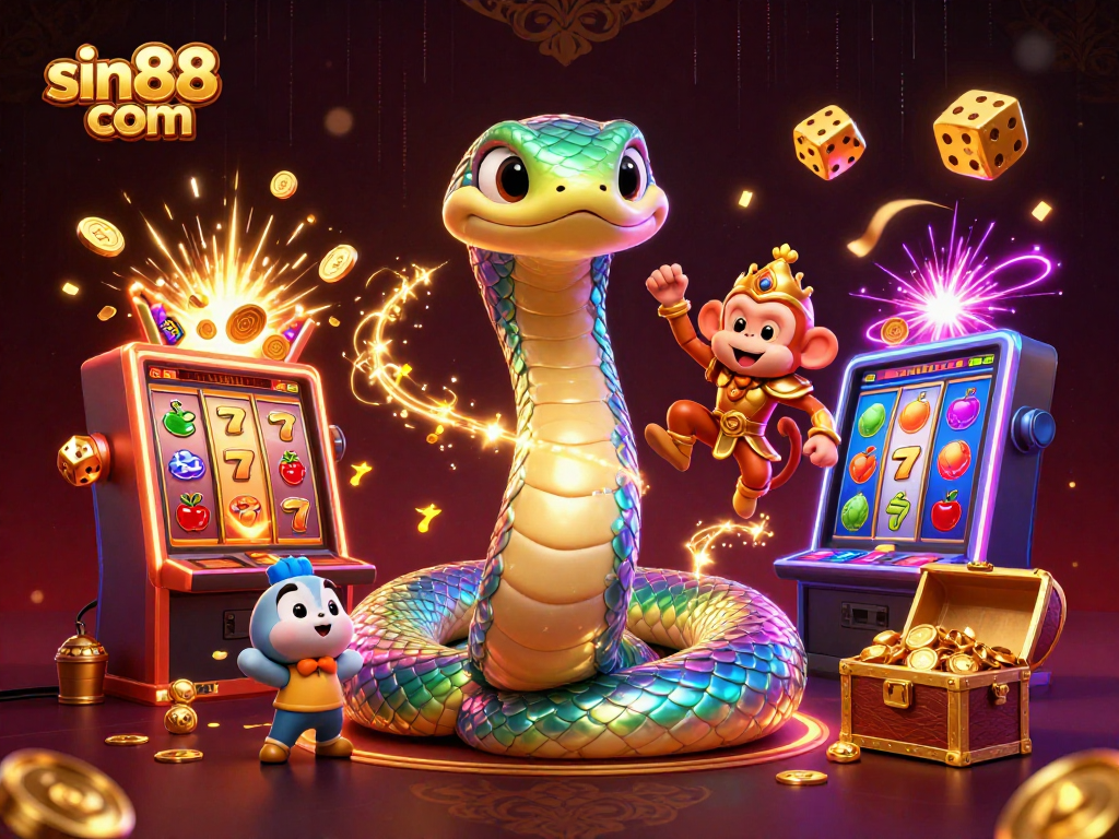 Engage with the vibrant sin88 com casino scene featuring a joyful monkey king and a shimmering rainbow serpent.