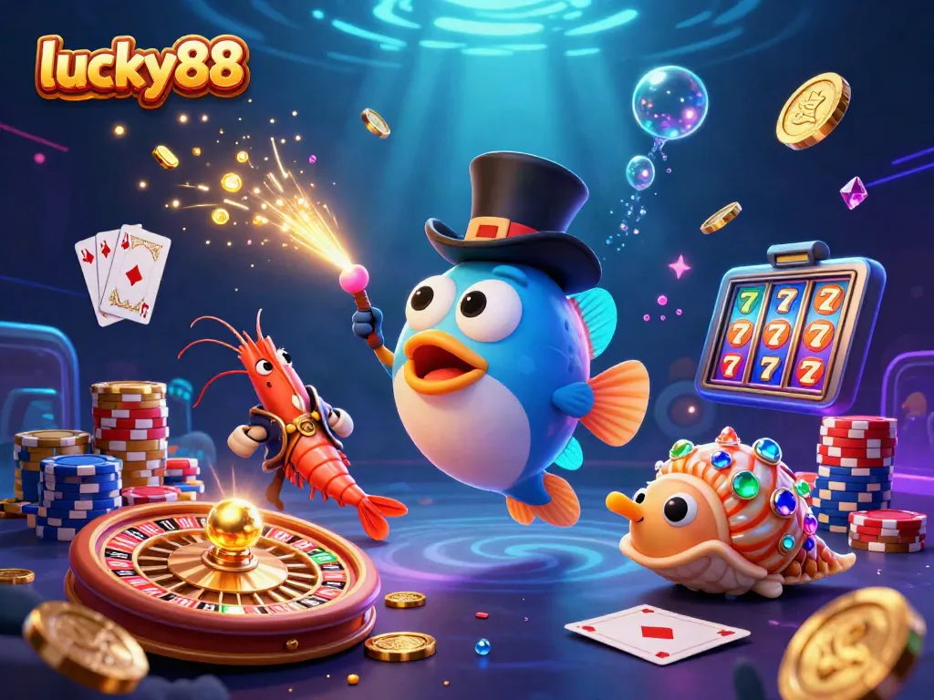 Spin and win with lucky88 as the glowing anglerfish attracts treasures in a vibrant casino scene.