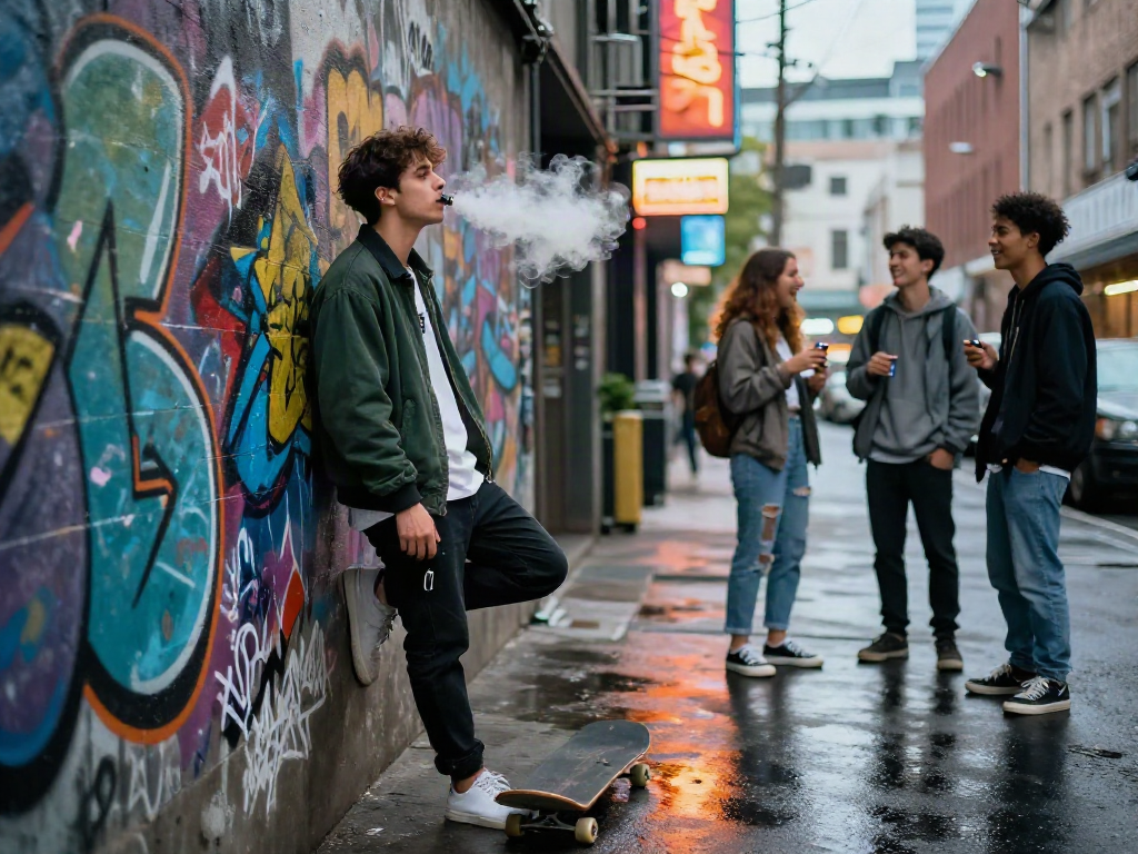 Young adult exhaling vapor from a raz vape in an urban street scene, showcasing modern vaping culture.
