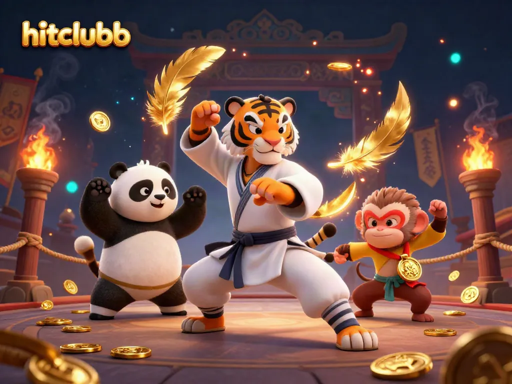 Experience hitclubb's thrilling atmosphere with a kung fu tiger master and panda student among gold medals and exciting gambling elements.