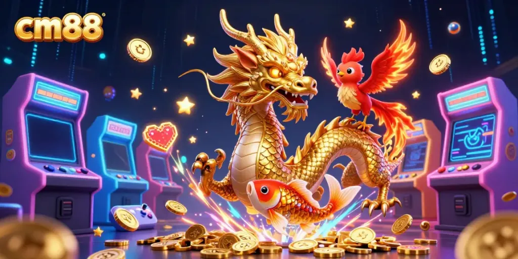 Experience winning chances at cm88 with a fierce dragon, phoenix, and koi fish in a dynamic casino scene.