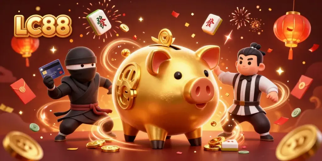 Engage with winning strategies at LC88 as a golden piggy bank sumo wrestler unleashes coins