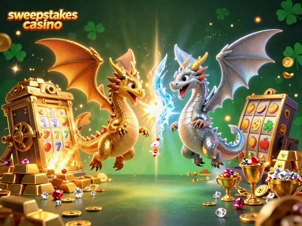Engaging illustration for sweepstakes casino featuring dragons, treasures, and vibrant slot themes.