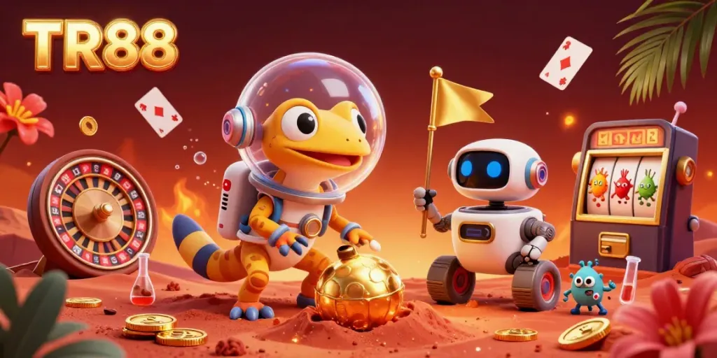 Experience TR88 through a vibrant 3D illustration of a Martian gecko discovering a golden casino, filled with dynamic gambling elements.
