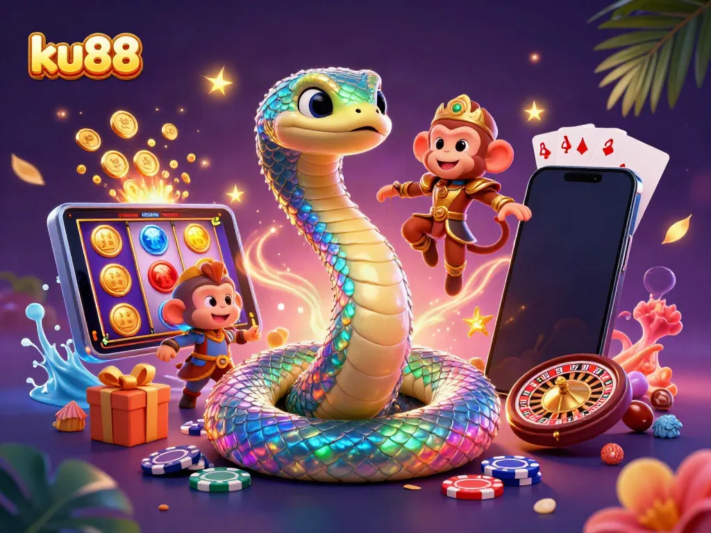 Experience the vibrant excitement of ku88 with a 3D illustration featuring a rainbow serpent and monkey king amidst casino elements.