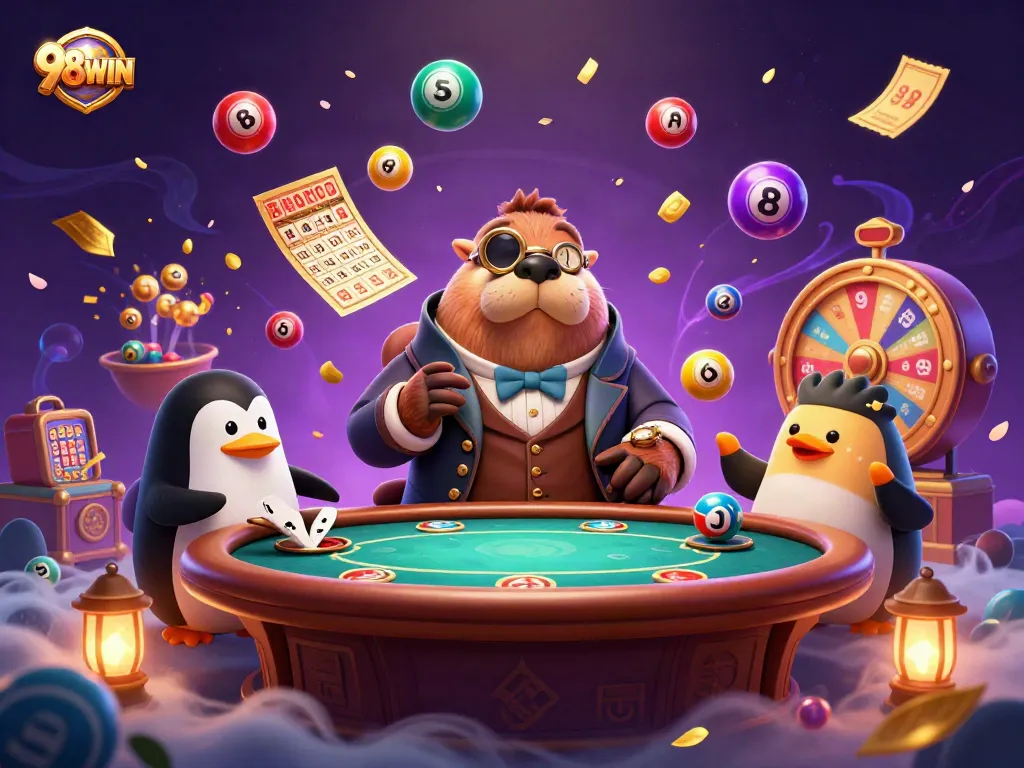 Engaging 98WIN scene with cartoon walrus at poker, vibrant lottery elements, and playful underwater ambiance.
