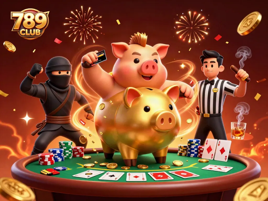 Engage in thrilling gameplay with 789CLUB's 3D casino characters in action amidst vibrant casino elements.