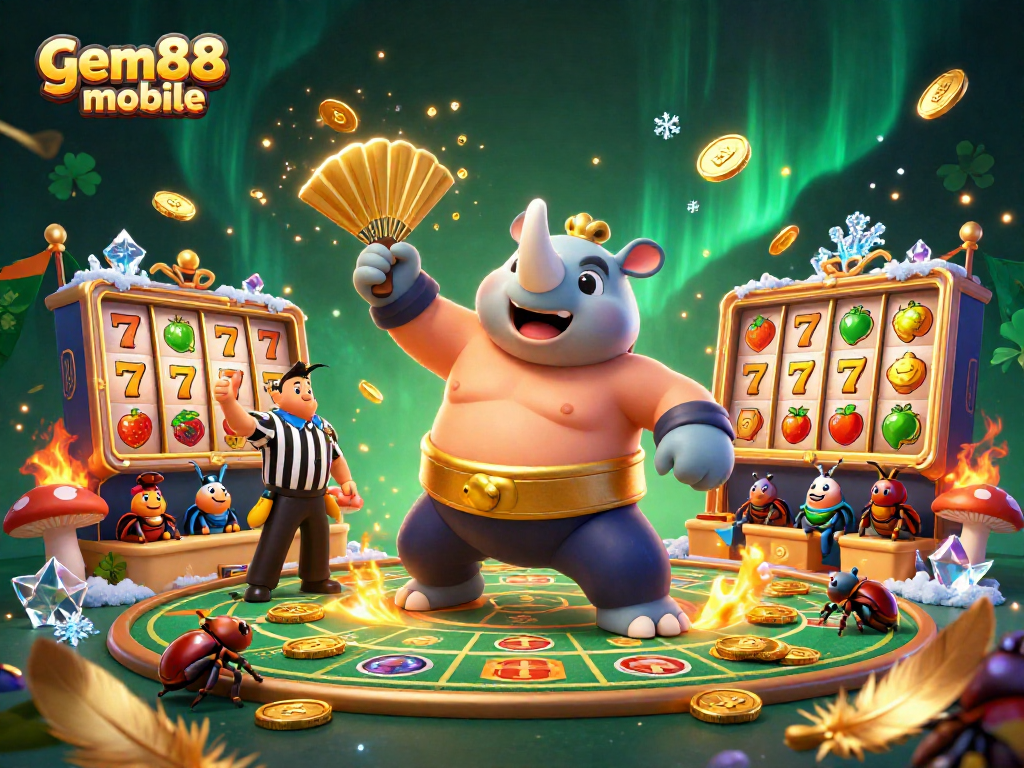 Experience gem88 mobile action in this vibrant casino scene with dynamic beetle champions and exciting slot games.