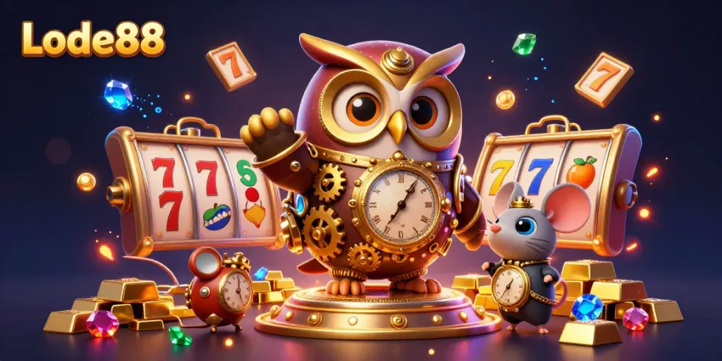 Engage with Lode88's vibrant 3D casino fantasy, featuring owl and mouse characters amidst treasures and jackpots.