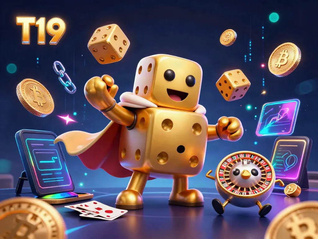 Experience thrilling gaming at T19 with a vibrant and dynamic casino scene featuring shimmering coins and the joyous dice golem.