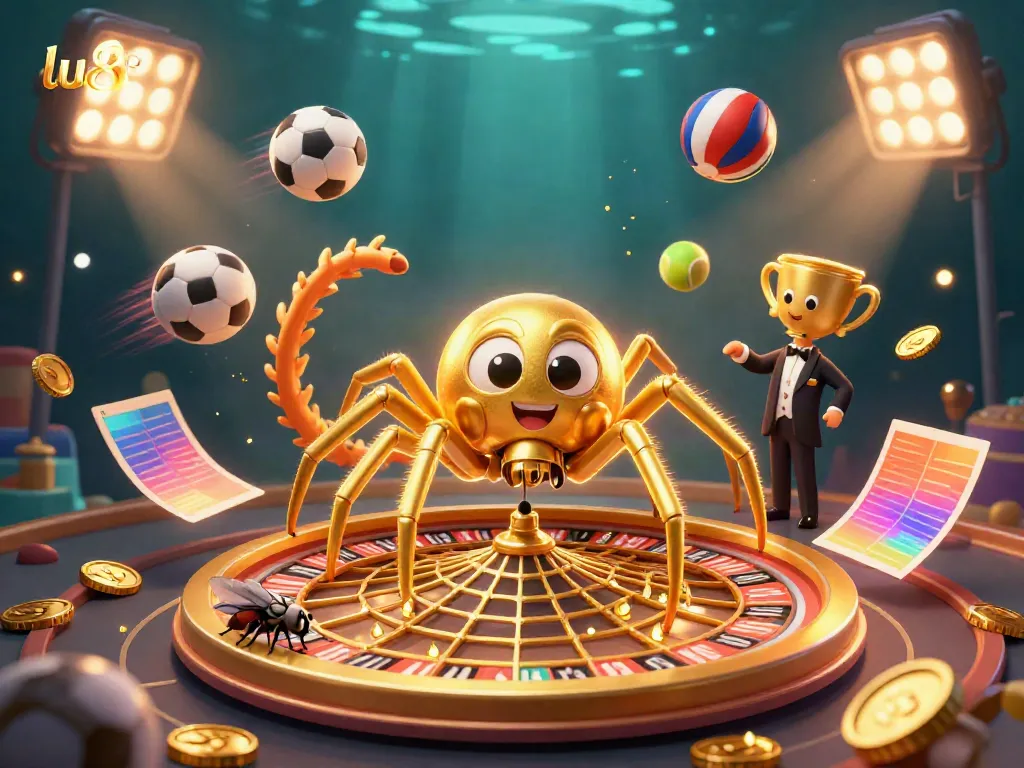 Spin the roulette with lu88 in a vibrant 3D casino scene filled with gold and sports elements.