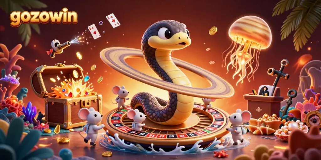 Experience the excitement of gambling on gozowin with a thrilling cosmic casino scene featuring vibrant characters and action.